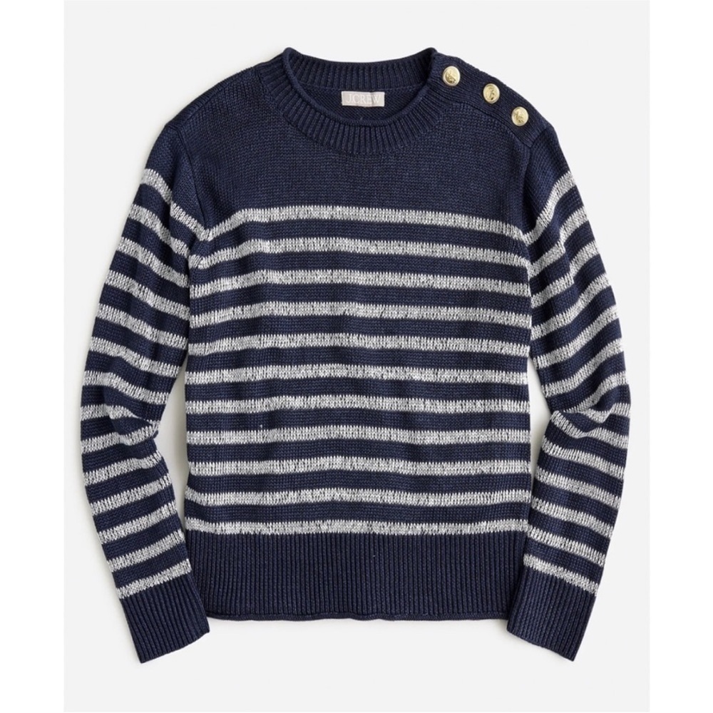 J crew relaxed linen blend beach sweater shoulder buttons navy stripe